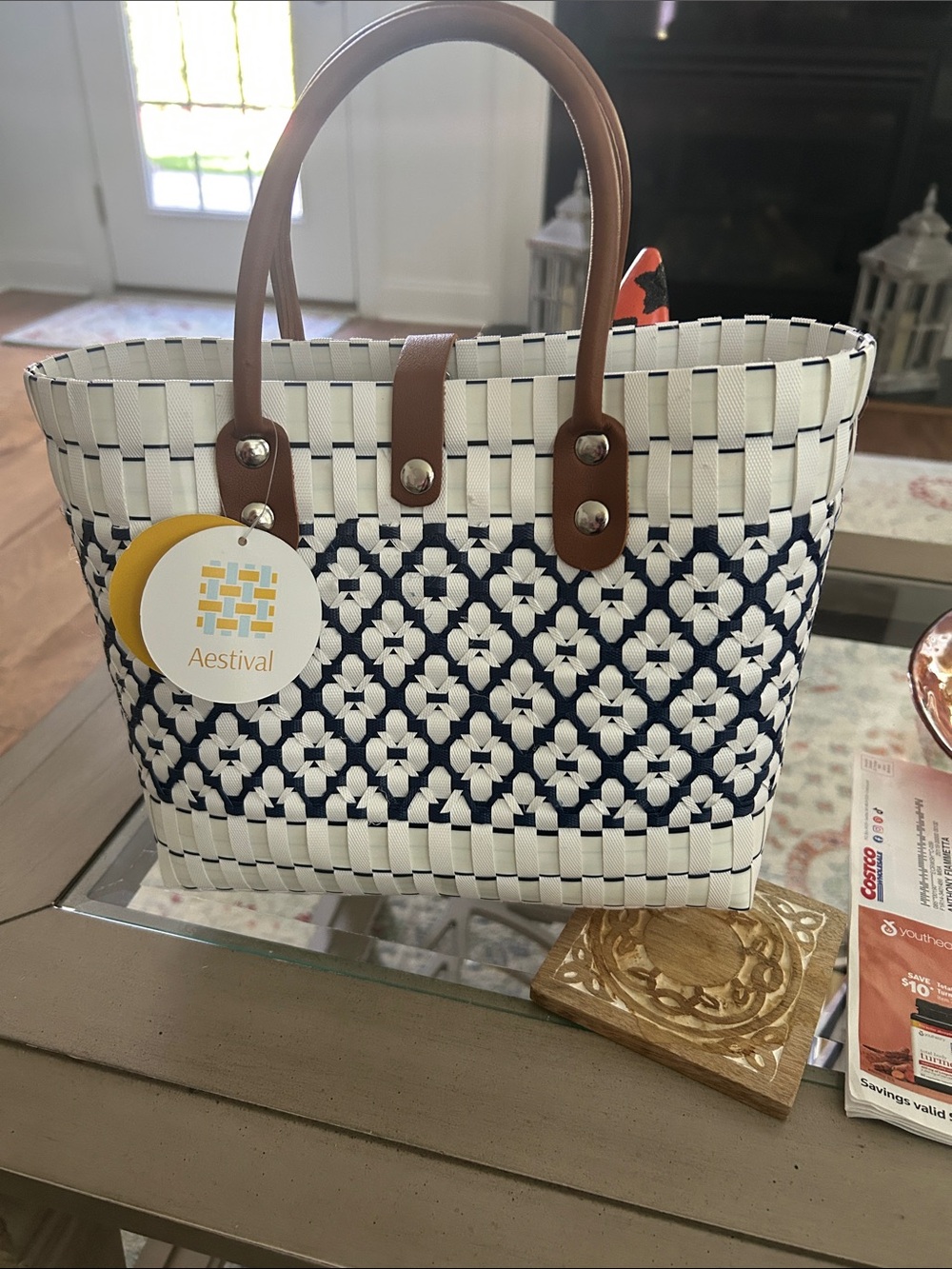Woven Navy & White Tote with Brown Handles